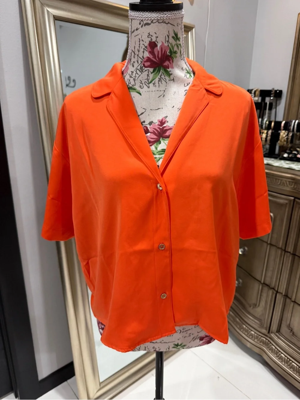 Michael Kors Vibrant Orange Short-Sleeve Button-Down Blouse
